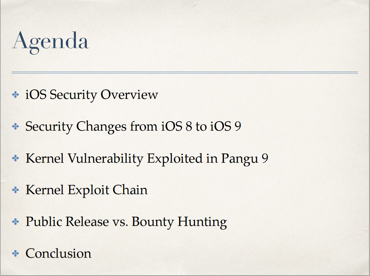 Enno_Insinuator's tweet photo. Here's the slides @TeamPangu's #ruxcon and #POC2015 talk on their latest jailbreak:
https://t.co/V9UqwNTn5B [PDF] https://t.co/rHcRo3SoGF