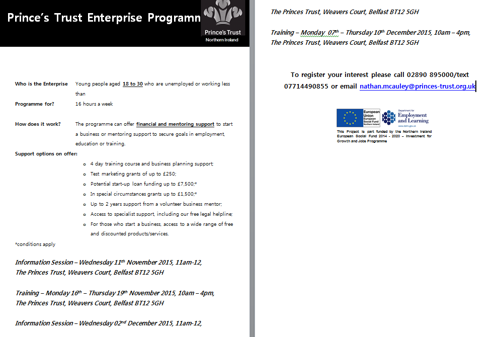 NBSEH's tweet photo. Opportunity for 18-30year olds who are interested in self employment! To register call @PrincesTrustNI 02890 895000 https://t.co/lEREx7CufE