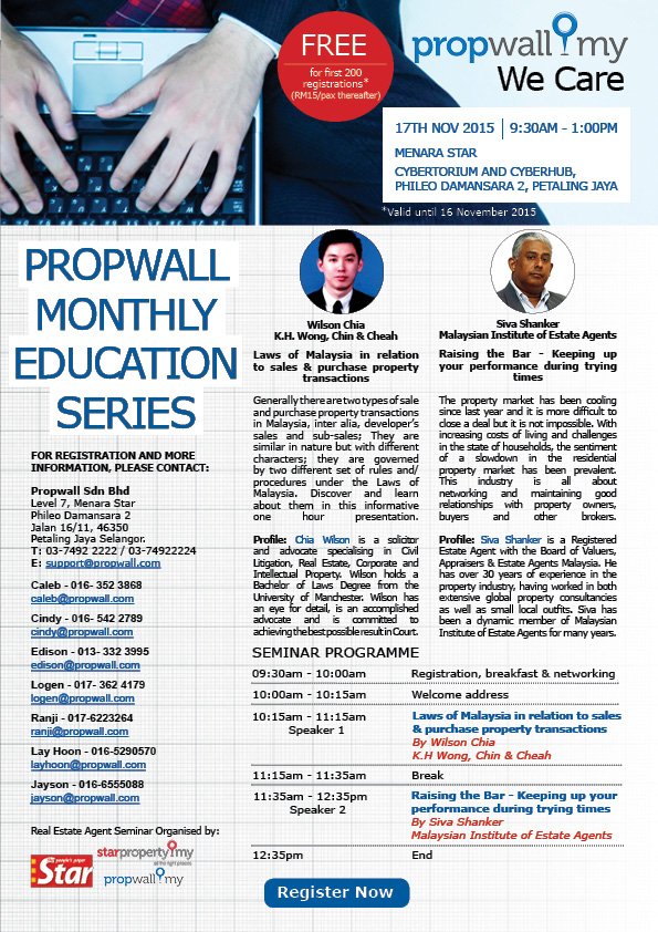 PropwallMy's tweet photo. Join #Propwall Monthly #Seminar on 17Nov 2015 @MenaraStar #agent #property #REN #realestate https://t.co/inADBKofS2 https://t.co/pHnIJSzwu1