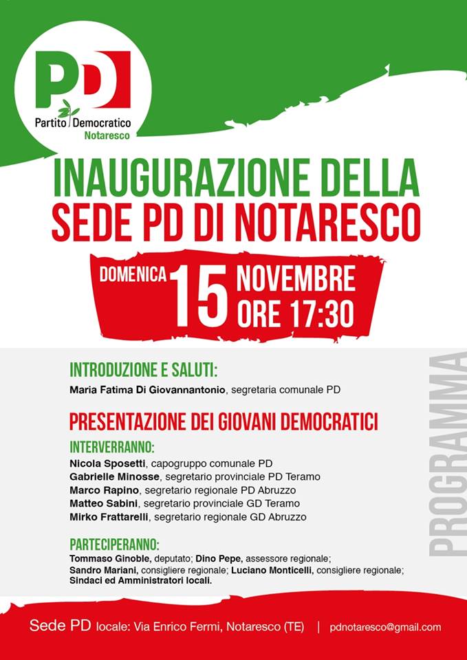 pdabruzzo's tweet photo. #conilPD Domenica 15 nov inaugurazione sede circolo PD Notaresco.
https://t.co/j4DcqVpCJk @marcorapino @DinoPepeTN https://t.co/bmNA44pYkc