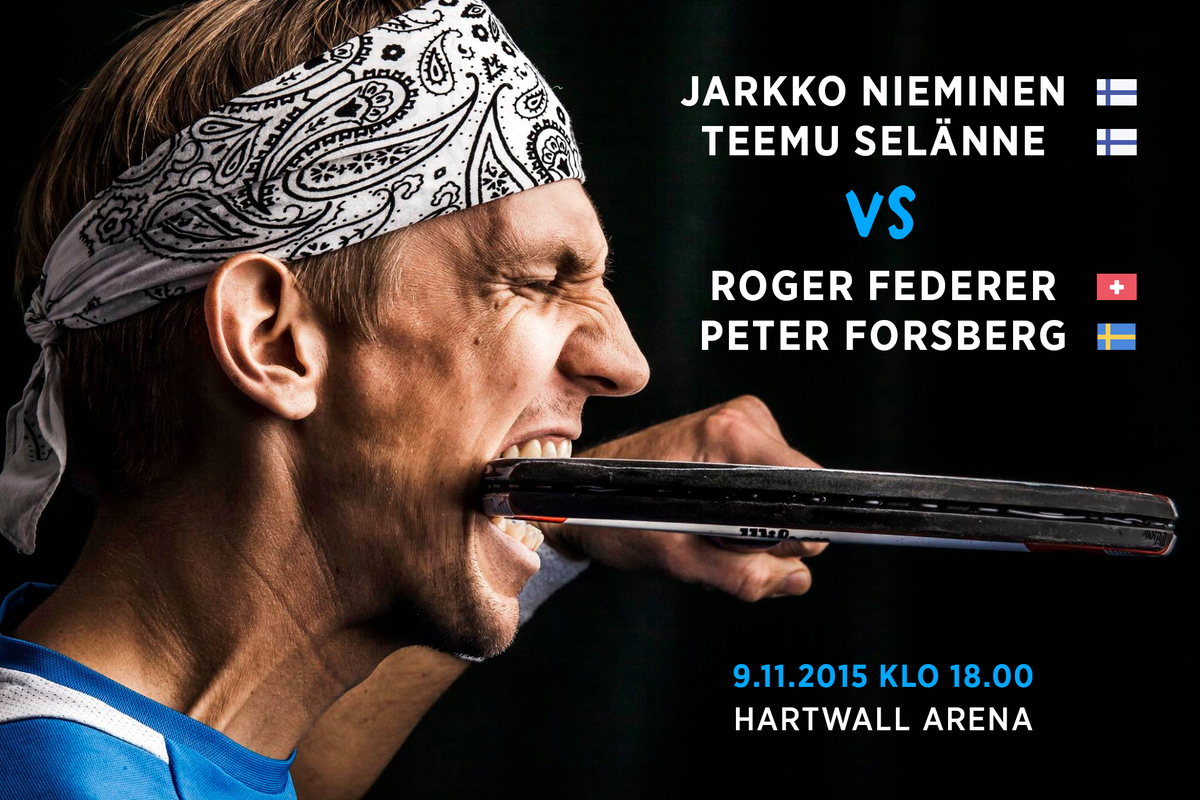 taivashelvetti's tweet photo. Tänään ei purra mailaa, kun @rogerfederer ja Peter Forsberg haastaa @TeemuSel8nne &amp; Jarkko Niemisen nelinpeliin. https://t.co/lYo1PbD8hP