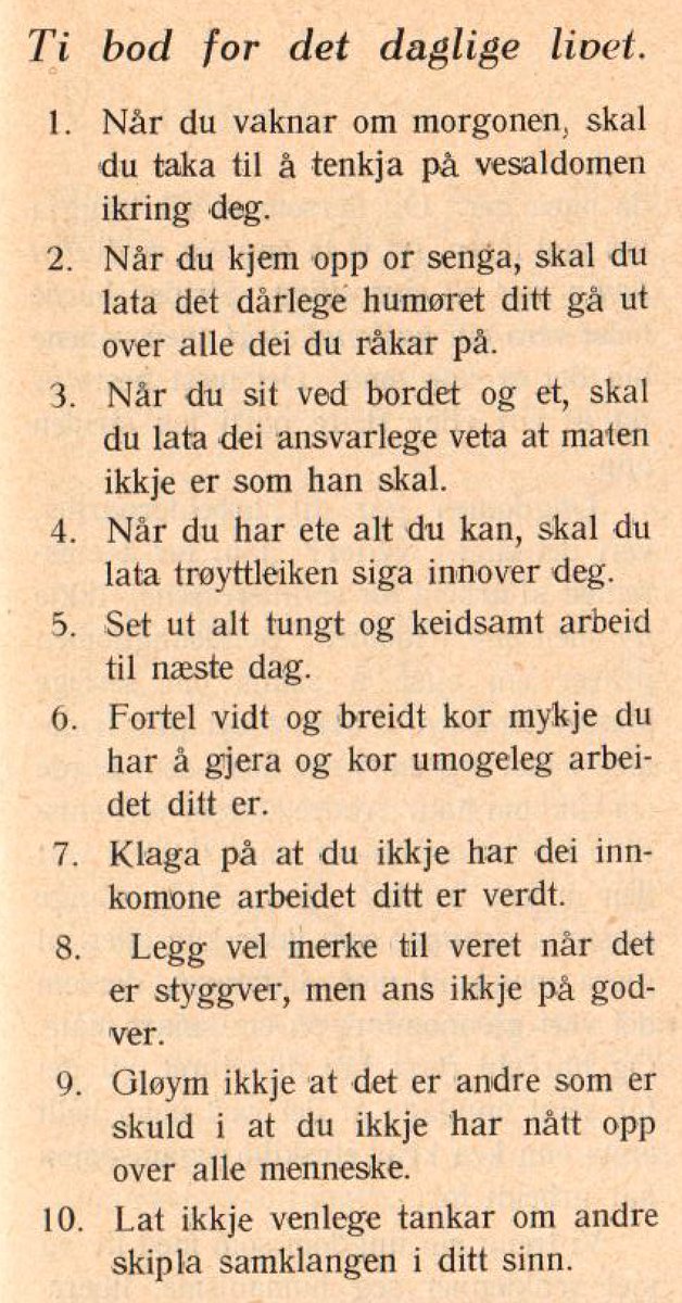 Ungdomslag's tweet photo. Ti bod for det daglige livet. Kunne ha vore ein kjøleskåpsmagnet i 2015, men er drypande ironisk lesnad frå 1939. https://t.co/0oJKPbo9Sc