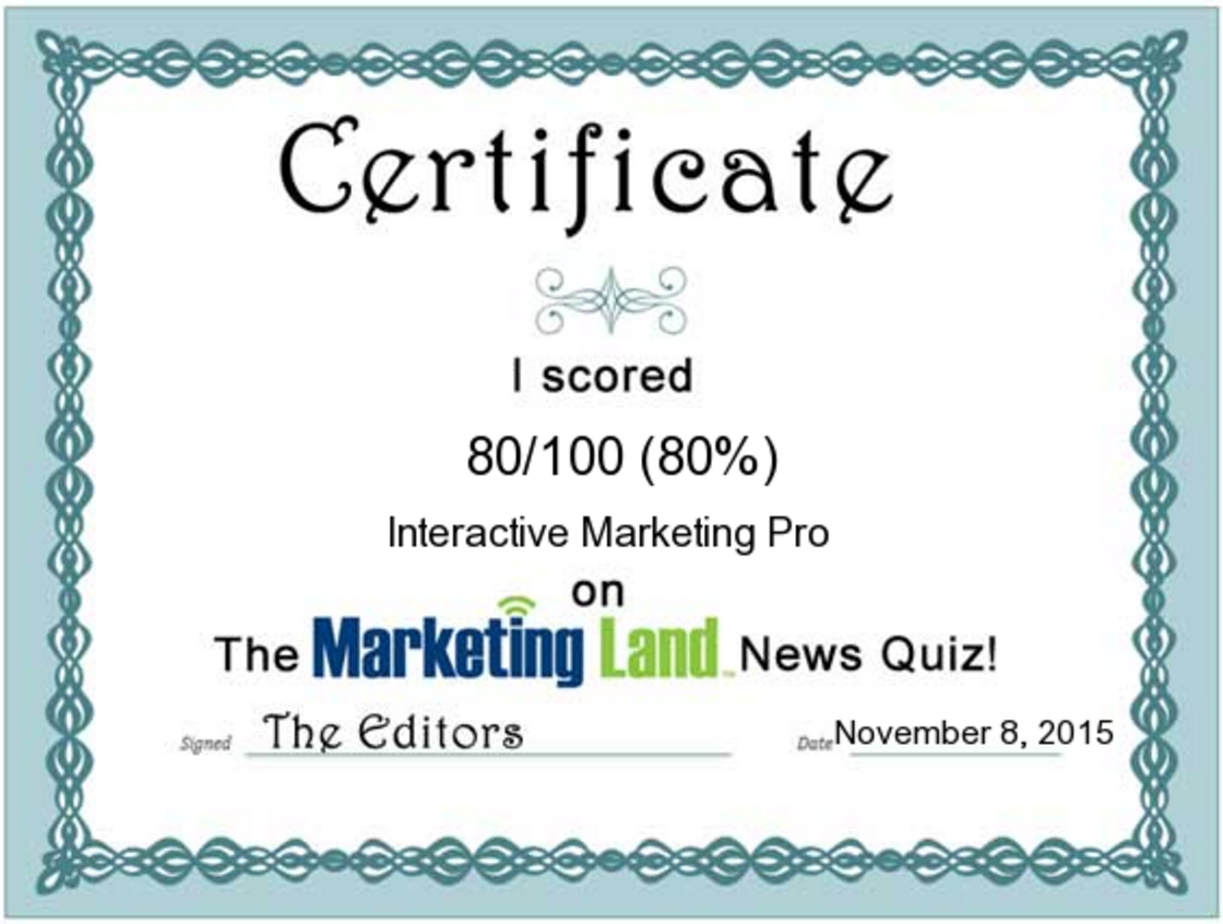 aymittal's tweet image. I scored 80 out of 100 @MarketingLand News Quiz Try your hand! buff.ly/1L5eZwt #MLquiz #Marketing #smm #news