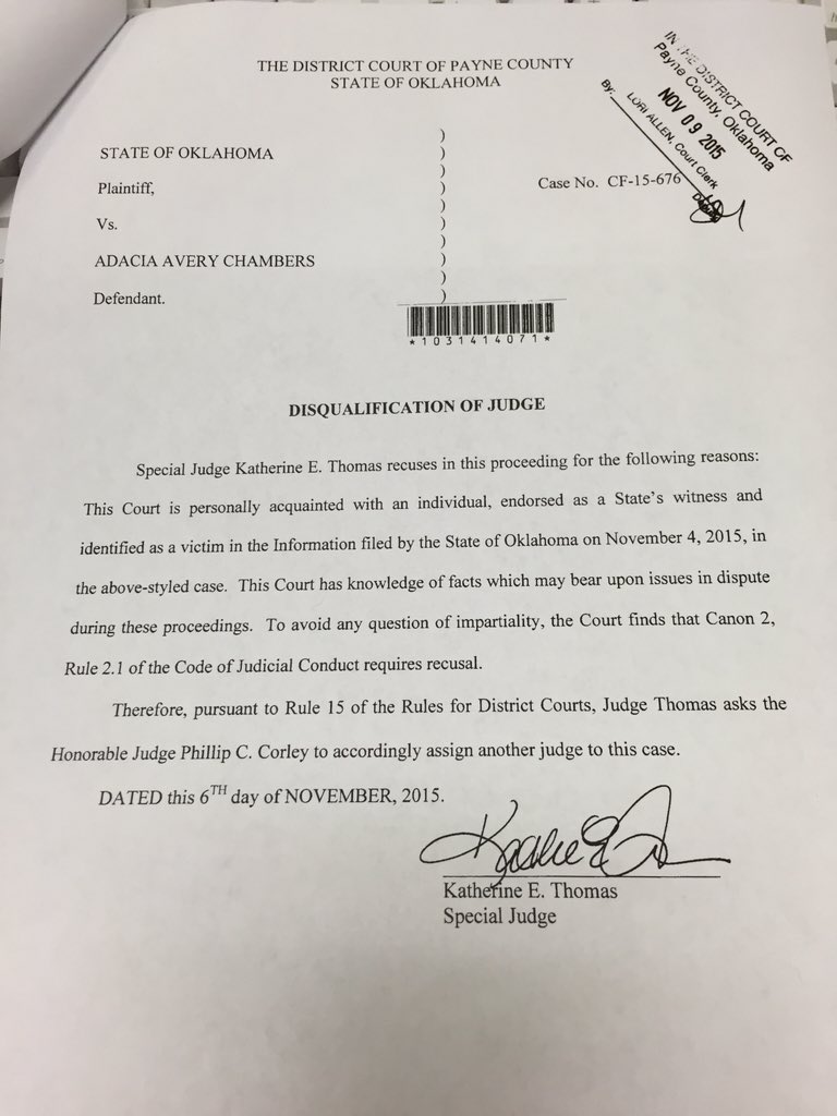 TcoleSNP's tweet photo. Special Judge Katherine Thomas recuses herself from the Chambers case https://t.co/lpU5VOJOGM
