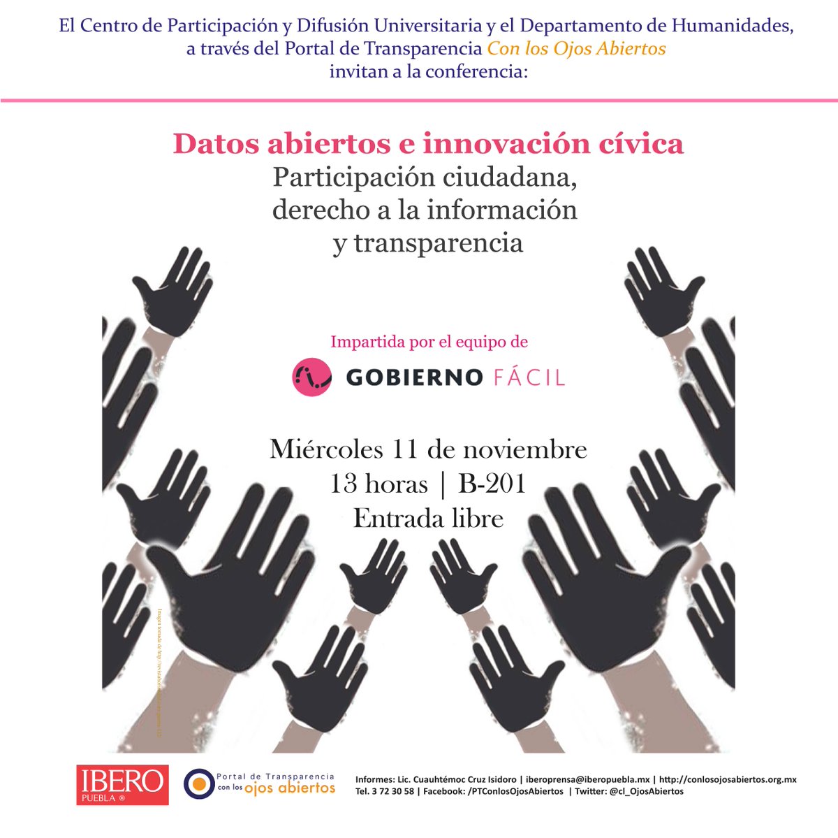 #Conferencia #DatosAbiertos e innovación cívica, por <a href="/GobiernoFacil/">Gobierno Fácil</a> 
Miércoles 11, 13 horas en la <a href="/IberoPuebla/">IBERO Puebla</a>