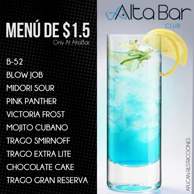AltaBarNi's tweet photo. ¡Los lunes también se disfruta!😉

¡Te esperamos desde las 3pm con nuestro $1.5 menú!

#OnlyAtAltaBar https://t.co/7MGBstgNgq