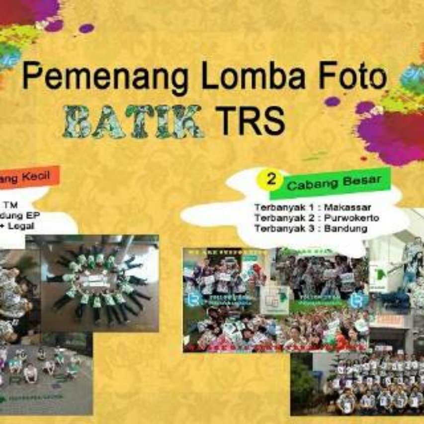 ImamAuliya87's tweet photo. Alhamdulillah yaah... Makassar... terbanyaT.. terbaiT memaN... @TigaraksaSatria #LombaBatikTRS #CP_MAKASSAR https://t.co/TqQHEk7vHN