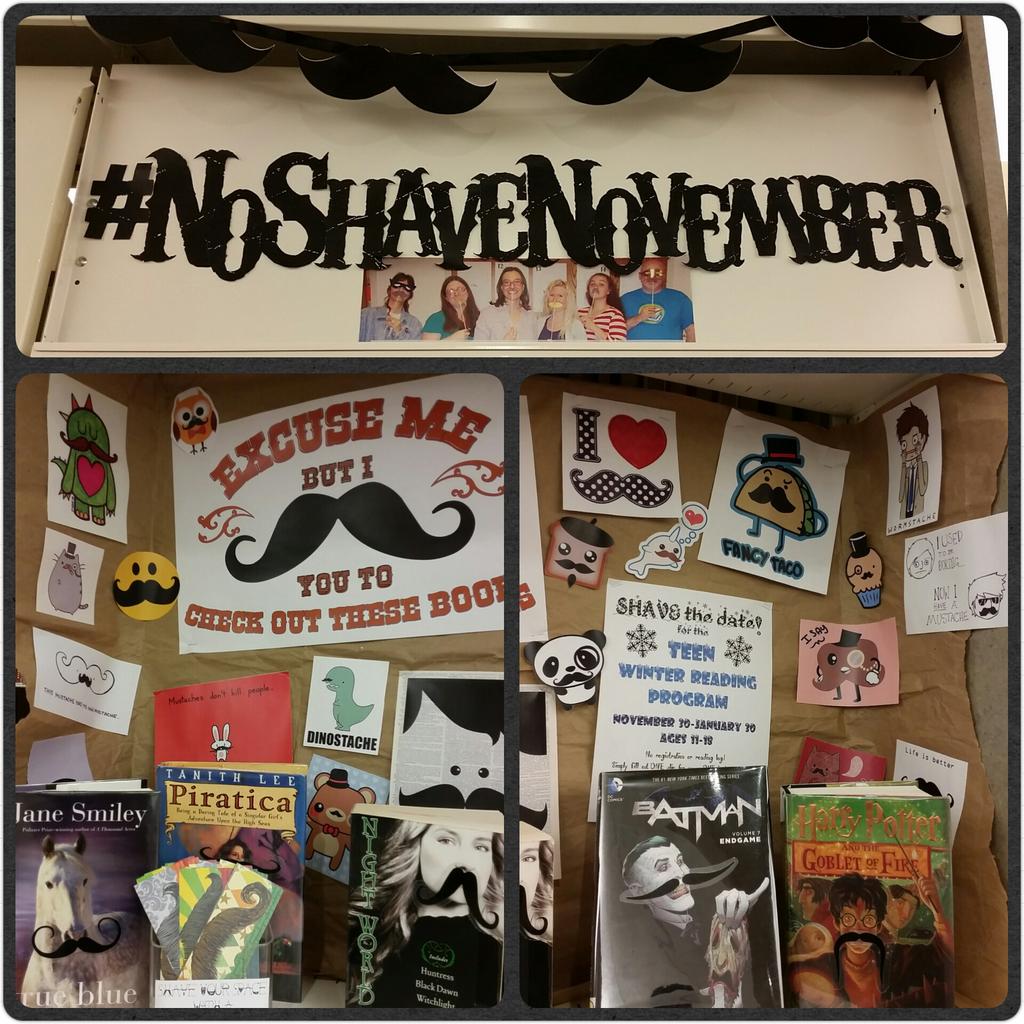 LibraryBlonde13's tweet image. My library display for #NoShaveNovember ! #LoveMyJob 👍💙