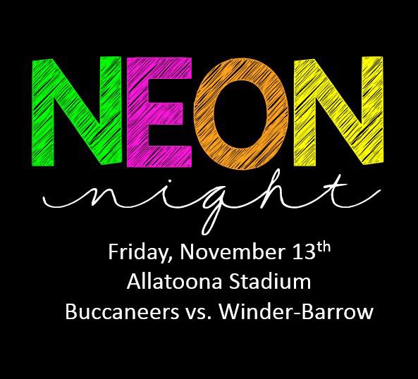 AHSBucsCheer's tweet photo. We're not afraid of #FridayThe13th! Why? Because it's Neon Night! @ahsbucsfootball 1st round of #GHSA playoffs! https://t.co/52RoYAj7ny
