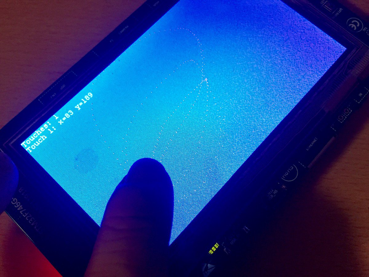 centrevillage's tweet image. タッチパネルのデモも動いた。mbedなし、ローカルコンパイル。次は音声周りか。4ms SMRの処理が参考にできそう。#stm32f7