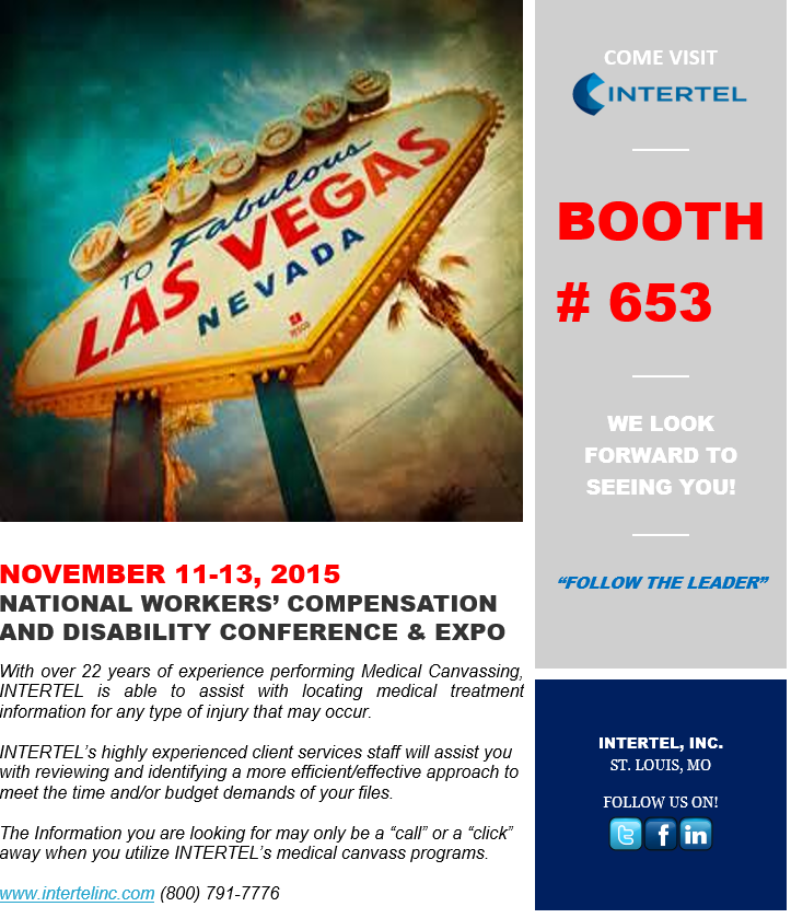 Intertel_Inc's tweet photo. STOP BY AND SAY HI TO US @INTERTEL_INC IN VEGAS AT THE #NWCDCONF! #BOOTH653 #FOLLOWTHELEADER #WORKERSCOMP @WCCONF https://t.co/uylU6s9A8s