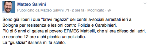 matteosalvinimi's tweet photo. Già liberi i due "bravi ragazzi" dei centri a-sociali arrestati ieri a Bologna.
La giustizia italiana mi fa schifo. https://t.co/9JlNGFmG8x