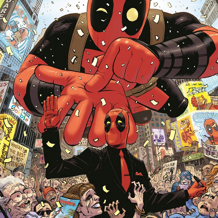Marvel's tweet photo. Now that Deadpool’s on top of the world, relive some of his top hero moments: https://t.co/IVeWMjmAof https://t.co/p4pYTQfEJp
