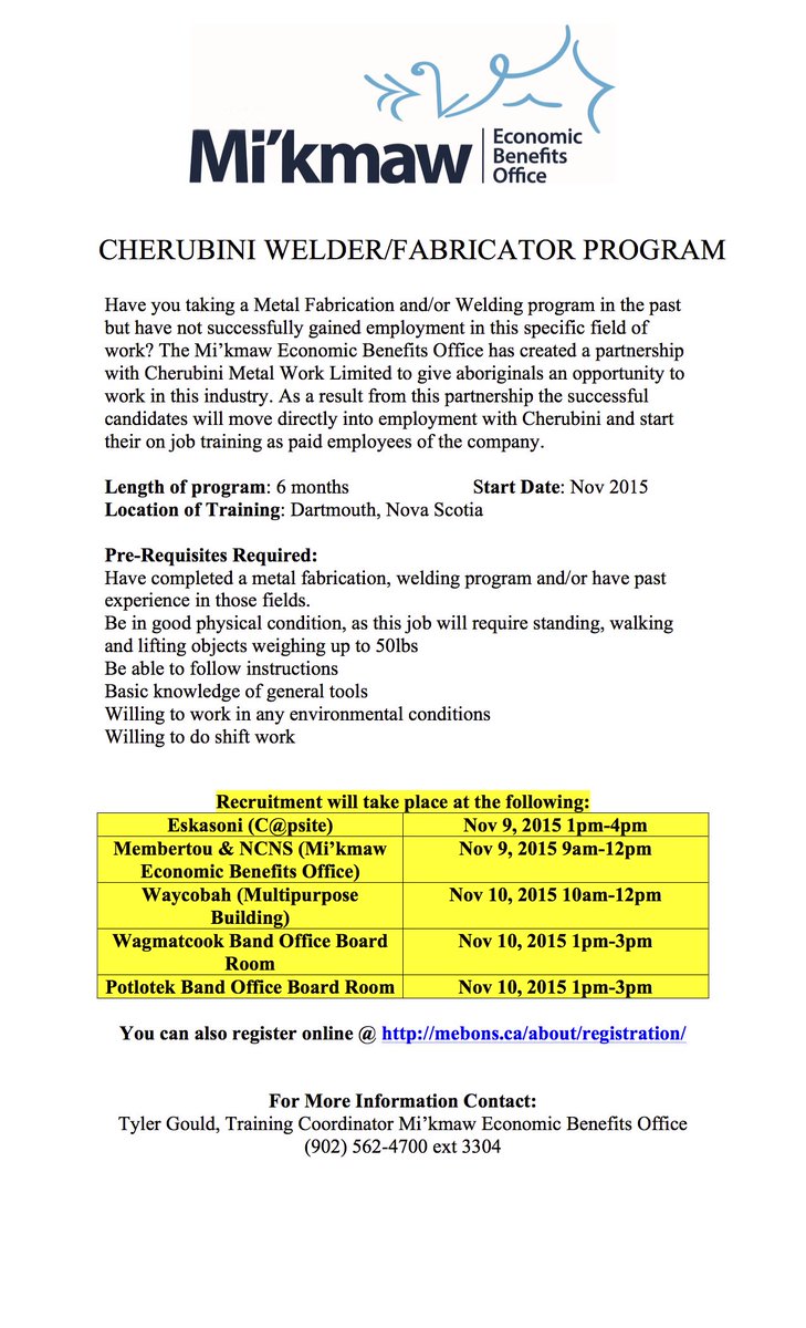 MikmawEBO's tweet photo. Recruitment this week for the Cherubini Welder/fitter program. Come to a session &amp; get details/apply online. https://t.co/RXSWQQqRa3