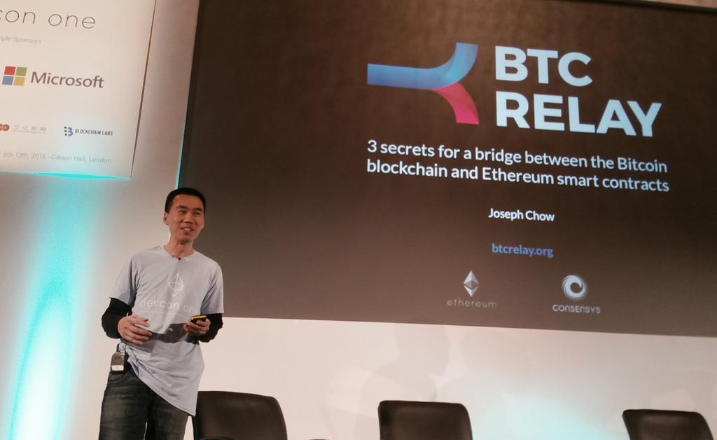 cellabz's tweet photo. #JosephChow presenting #BTCrelay with @ethereumproject and #Smartcontract at @ConsenSysLLC during #Devcon1 https://t.co/deWbDTcbC7