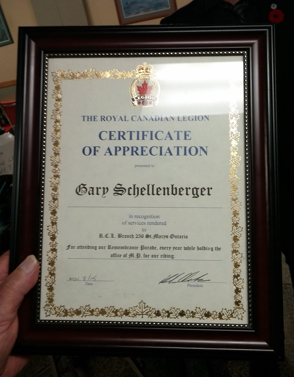 It is a great honour to receive this Certificate of Appreciation from R.C.L. Branch 236 in <a href="/townofstmarys/">St. Marys, Ontario</a>