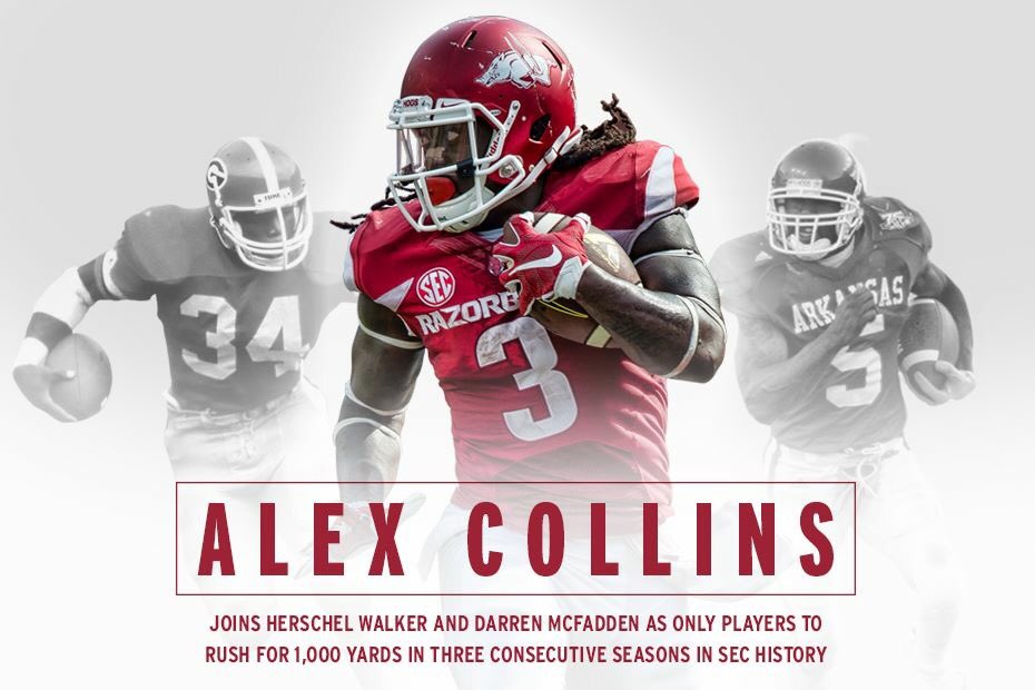 Alex Collins becomes the 3rd player in SEC history to rush for 1000 yards in 3 consecutive seasons #WPS #Uncommon