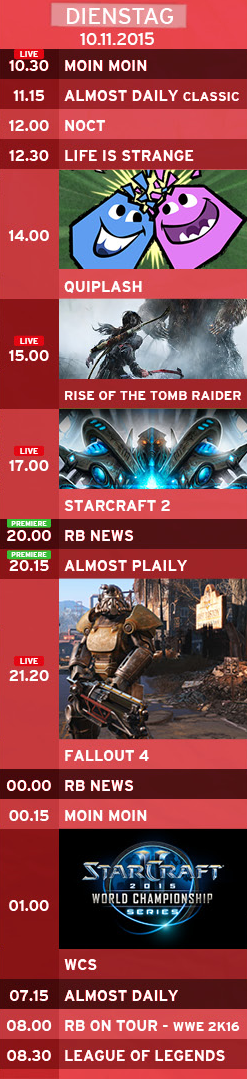 TeleBeans's tweet photo. Der 10.11. #rbtv Rise of the Tomb Raider @Gunnsen ab 15:00 Starcraft ab 17.00 und Fallout 4 mit @EtienneToGo 21:20 https://t.co/mFFYu9ubrE