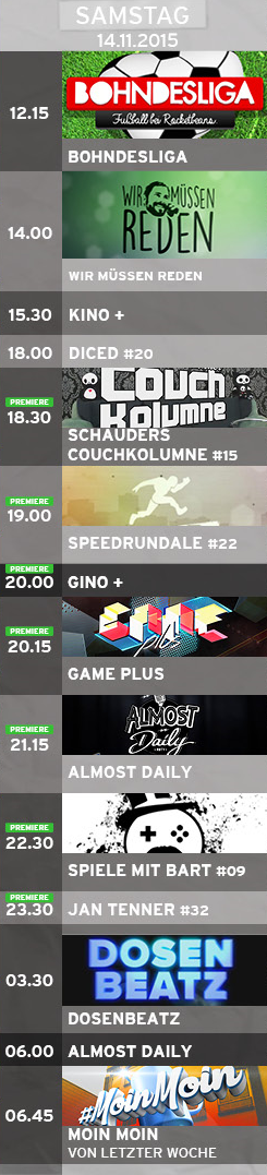 TeleBeans's tweet photo. Der Tagesplan für den 14.11. #rbtv Heute 20:15 – GAME plus und um 21:45 – Almost Daily / Clickbait https://t.co/lloHaWCejY