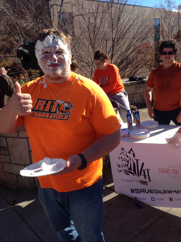RITtigers's tweet photo. Sean Terry gets pied for a good cause! @T4TRIT  #RIT help raise $ to save Tigers! https://t.co/Hg9NLnavBx