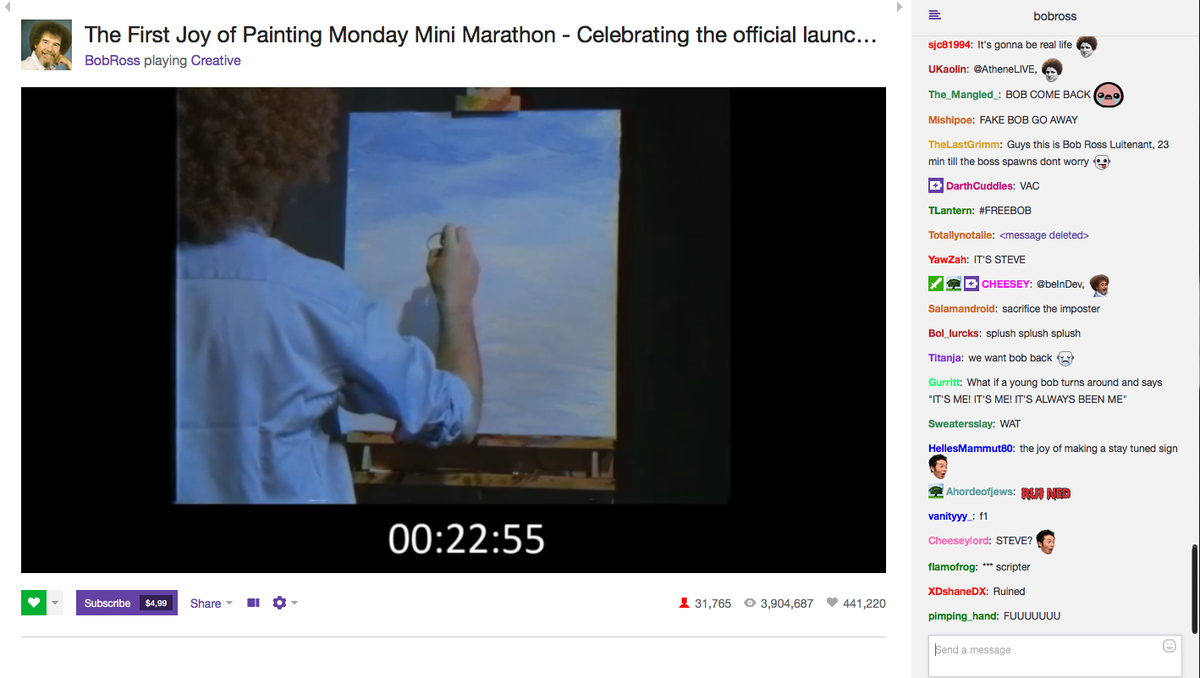 chrisloge's tweet photo. 2 days for a Bob Ross imposter! Twitch is freaking out - with over 30k viewers now #FAKE #FREEBOB https://t.co/v0MWEpd2sr