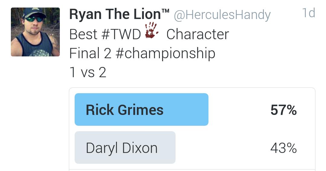HerculesHandy's tweet photo. Congrats to Rick Grimes
Winner of the best #TWD Character in my #TWDBracket https://t.co/QWv5pj9PyN