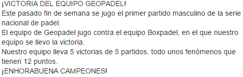 geopadel's tweet photo. ¡VICTORIA EQUIPO GEOPADEL!
El pasado fin de semana se jugo el 1er partido masculino de la serie nacional de padel. https://t.co/HLKhYRx9Hq