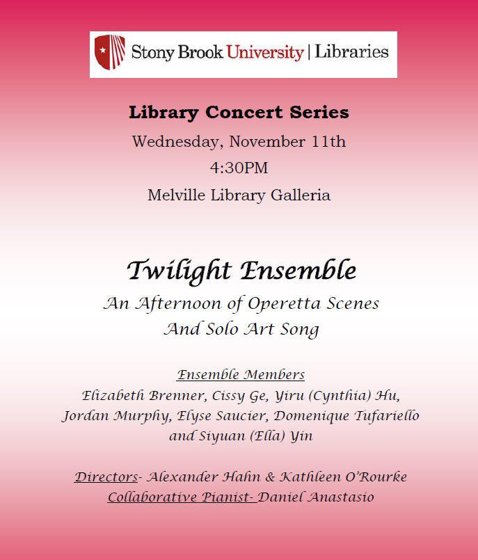 sbulibraries's tweet photo. An afternoon of operetta scenes and solo art song. We can't wait! The #LibraryConcertSeries continues 11/11 at 4:30! https://t.co/zouBeilVoN