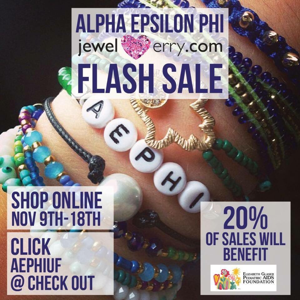 Until Nov. 18, shop at jewelerry.com, select AEPhiUF at checkout, and proceeds will be donated to <a href="/EGPAF/">Elizabeth Glaser Pediatric AIDS Foundation</a>!