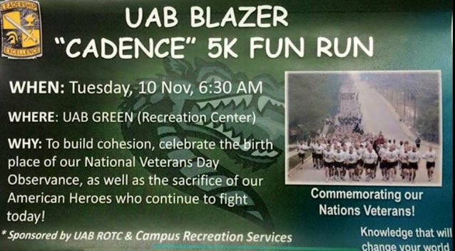UABCheer's tweet photo. UAB Cheer is so excited to participate in the 5k Fun Run in the morning for Veterans Day! @uabrotc #BlazerFamily 💚🇺🇸 https://t.co/6gdlN6JkC6