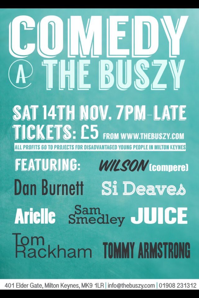 #comedy night this saturday! Only £5, featuring <a href="/jamesjoycejuice/">Juice</a> <a href="/SiDeaves/">Si Deaves - watch Si-Clops NOW #linkinbio</a> book now: thebuszy.com/event/comedy-n…