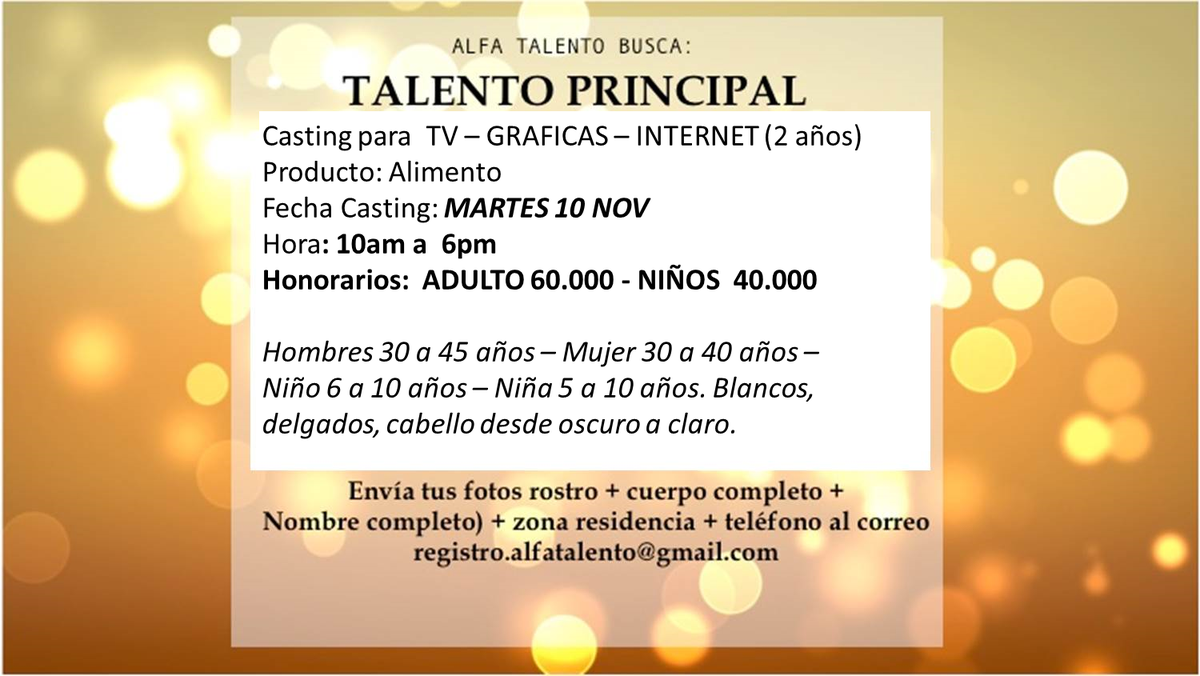 AlfaTalento's tweet photo. Buscamos talento PRINCIPAL mujer 30 a 40 años para #comercial #casting https://t.co/VQxCPFQSr0