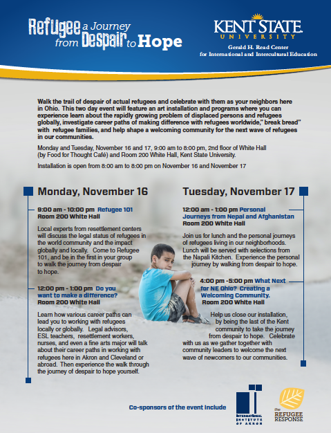 KentStateCIIE's tweet photo. Refugee Journey November 16 & 17, White Hall, room 200 #IEW2015 #KentState #KentStateCIIE #KentStateIEW2015 https://t.co/OP4fDVtDNJ