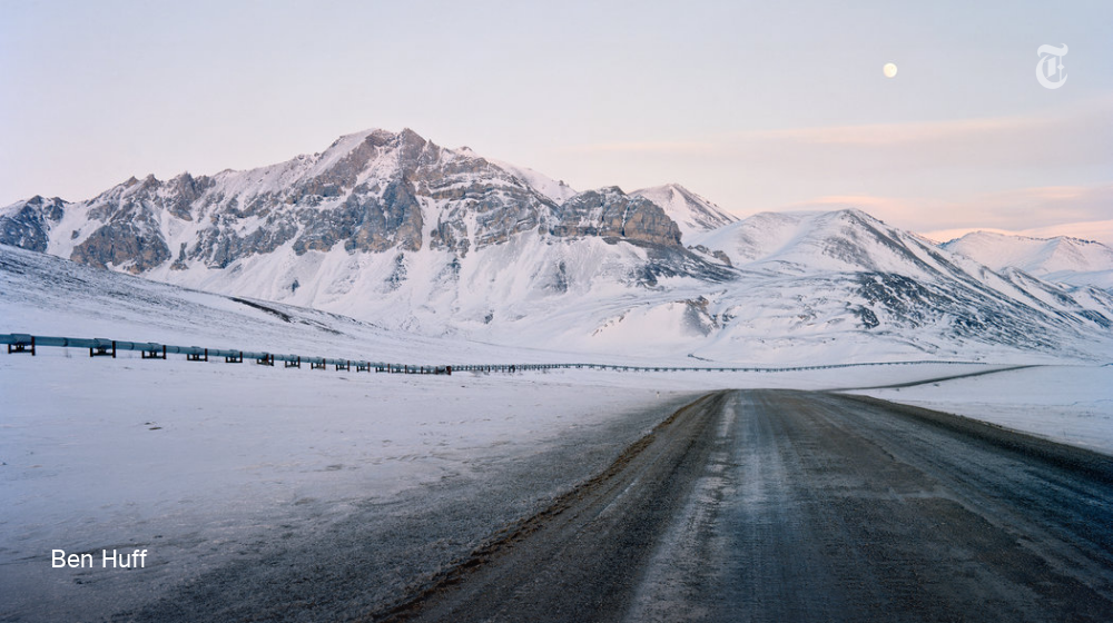 nytimes's tweet photo. The Trans-Alaska pipeline makes for a cold companion along Alaska's Dalton Highway (via https://t.co/Jkf88nveKB) https://t.co/1Ta0cbRF3e