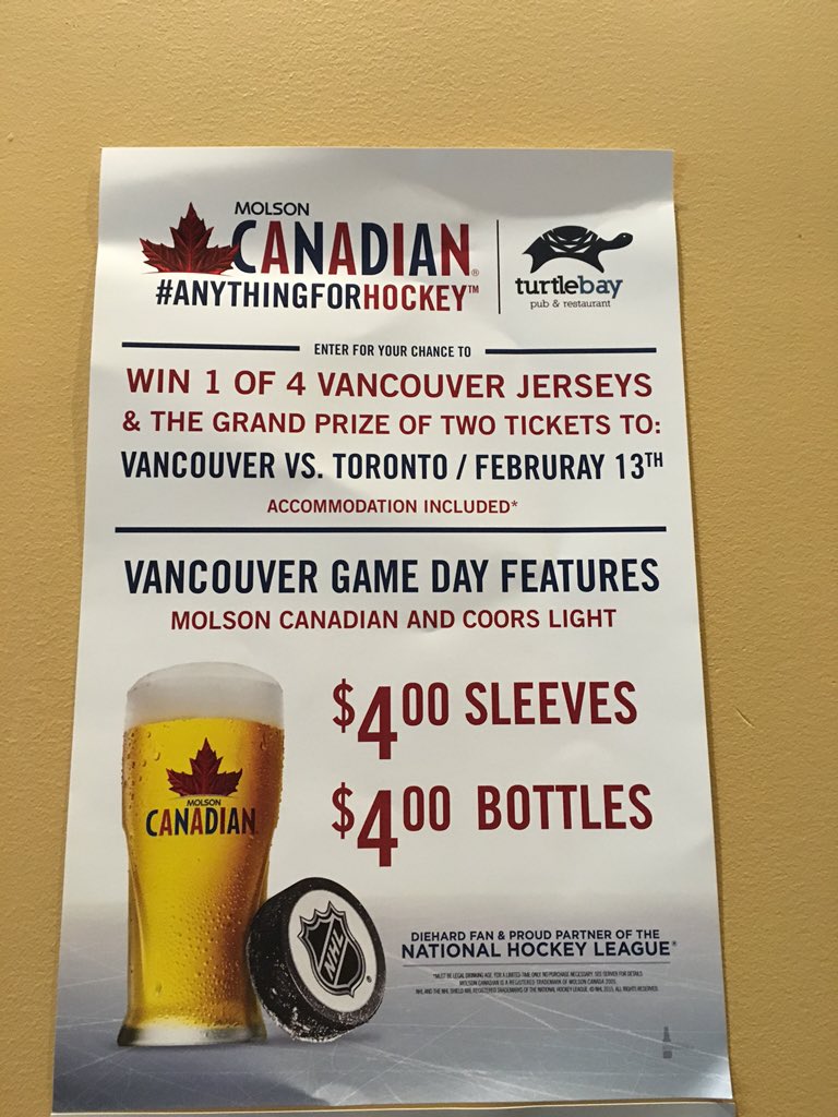 turtlebaypub's tweet photo. Watch the game with us tomorrow at 4pm for $4 beers and your chance to win! #Canucks #iamcanadian https://t.co/ZCg1S9nkG7