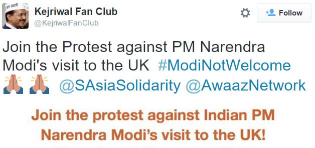 ModiUFC's tweet photo. Kejriwal supporters spreading hate abroad. #ShameOnArvind #ShameOnAAP #ModiMostWelcome in UK. https://t.co/xFpQkkSb4p