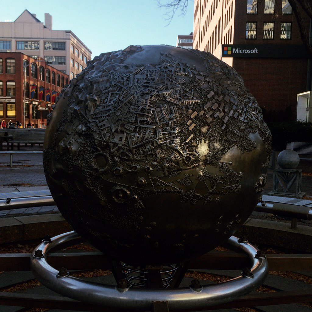 MegRosenburg's tweet photo. Not sure I've ever really looked at this sculpture in Kendall until now. Look at those craters! #earthsphere #sciart https://t.co/Nx6PNmthhP