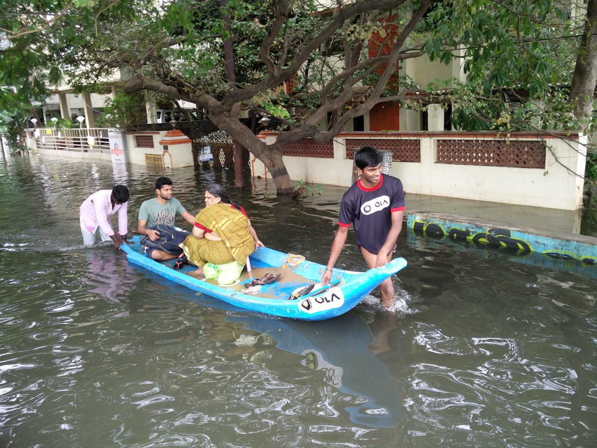 tinucherian's tweet photo. This is Super cool! It is not a joke anymore. @Olacabs deploys #OlaBoat to ferry ppl from flooded areas in Chennai https://t.co/Wboa1umWvR