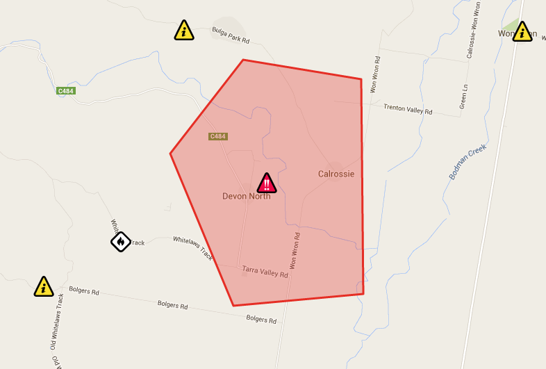 vicemergency's tweet photo. ADVICE (yellow) issued for #WonWron #MacksCreek & #GlenRose. EMERGENCY WARNING (red) remains #DevonNorth #vicfires https://t.co/uBz4HtmI77