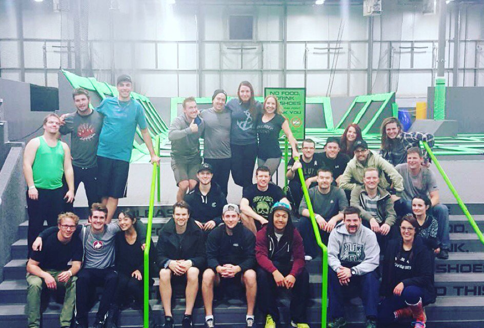Great crew @lztrampoline for #trampolinedodgeball at a MoveChallenge tonight! #yegmo #mosistas #movember #yegfitness