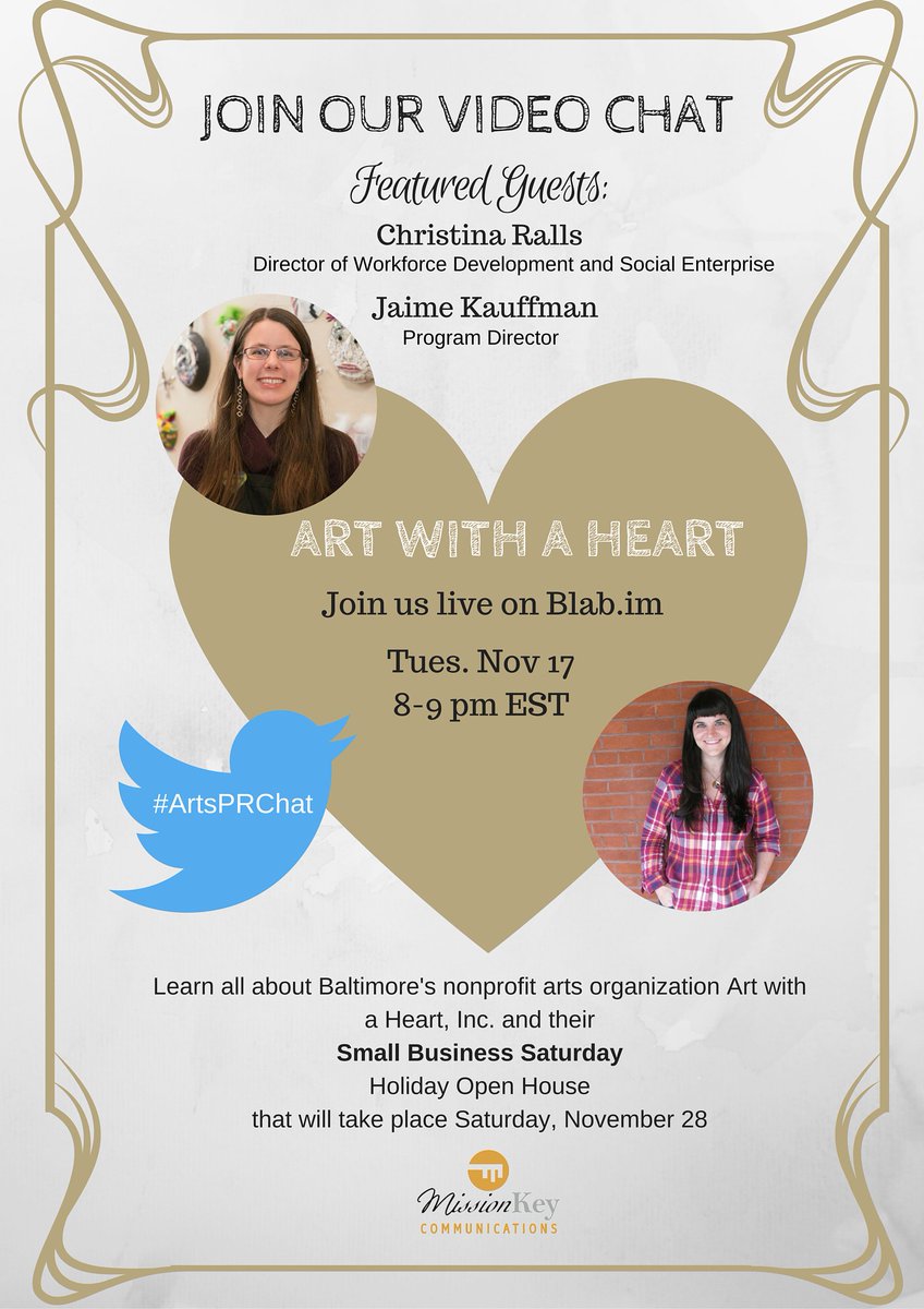 missionkey's tweet photo. Join us 8pm EST for a live community engagement #ArtsPRChat w/ Baltimore's Art with a Heart https://t.co/MDilyDNgFR https://t.co/BMyuIisMAQ
