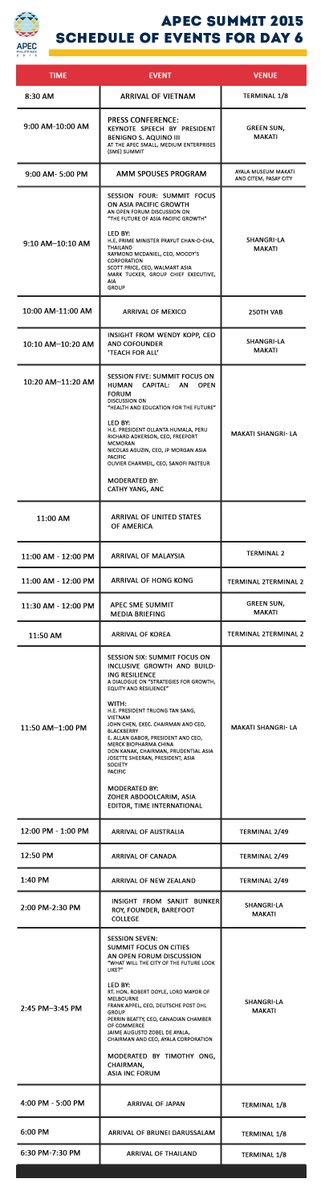 dwiz882's tweet image. chedule of Events for #APECSummit2015 @apec2015ph