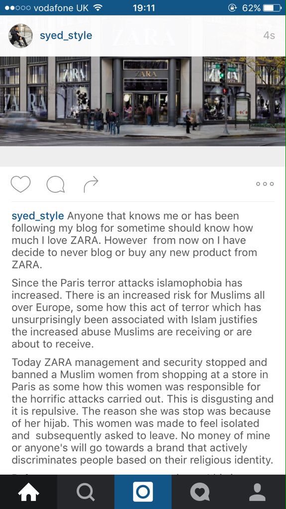 feminizza's tweet photo. Please read this. 
Zara banned a Muslim woman from shopping in their store. 
This is disgusting. https://t.co/eFv4iekIAL