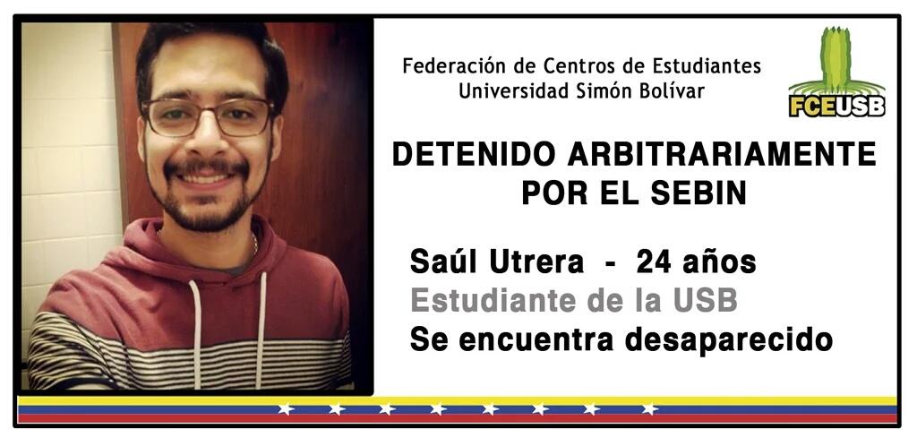 APUSB's tweet photo. Exigimos la liberación de #SaulUtrera. El gobierno se ensaña contra el futuro @FAPUV @FCEUSB @ceusbsl @apucv https://t.co/Wngu4N4Khw