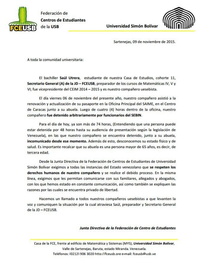 APUSB's tweet photo. Exigimos la liberación de #SaulUtrera. El gobierno se ensaña contra el futuro @FAPUV @FCEUSB @ceusbsl @apucv https://t.co/Wngu4N4Khw