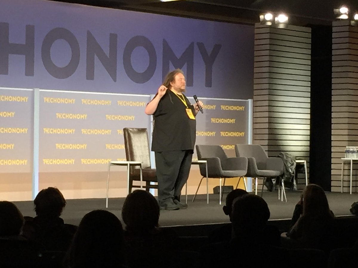 Emily's tweet image. Jaron Lanier talking about optimizing the future @ #Techonomy15