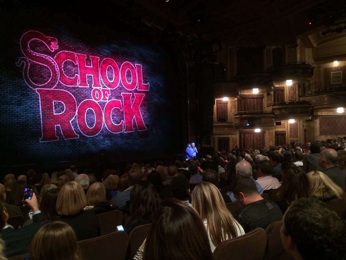 SoRmusical's tweet photo. .@OfficialALW and @LaurenceConnor1 greet the audience before the curtain goes up! 🤘#schoolofrock https://t.co/qZmvaethVK