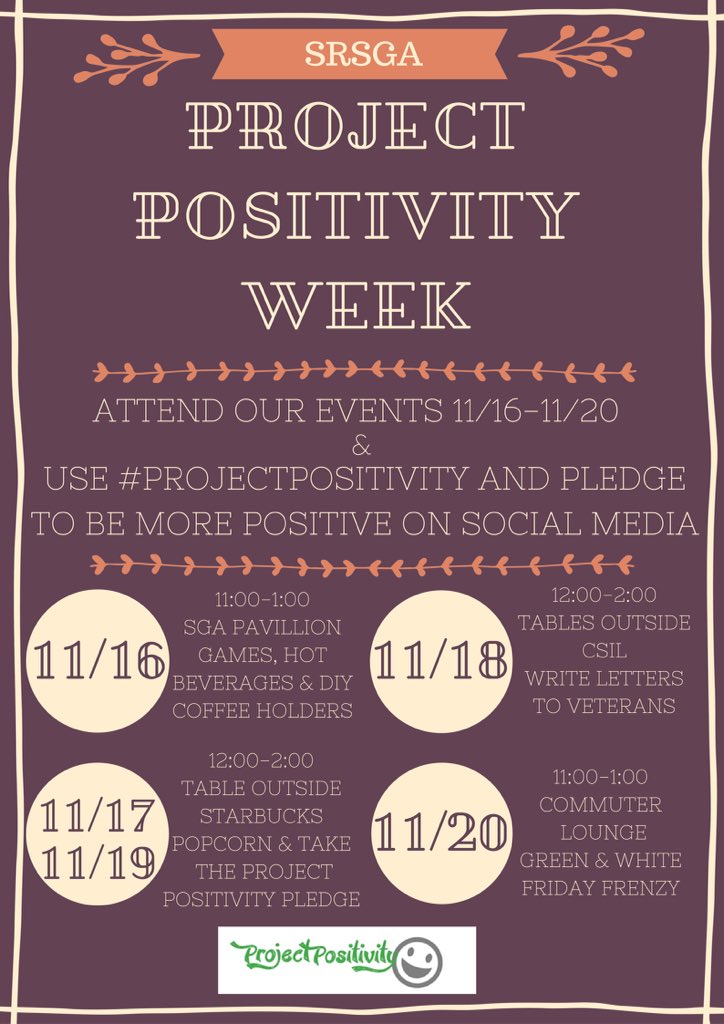 SRSGA's tweet photo. Next week starts  Project Positivity Week! Look out for the events around campus and use #projectpositivity 😀 https://t.co/0hpI5WtIcX