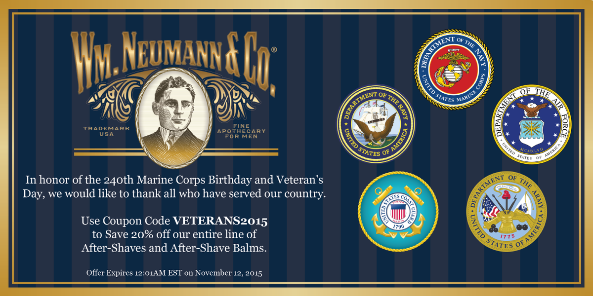 wmneumannco's tweet photo. Use Coupon Code VETERANS2015 
to Save 20% off our entire line of
After-Shave products.
https://t.co/Qg0iWlJ2Jp https://t.co/KB7kZSWV1A