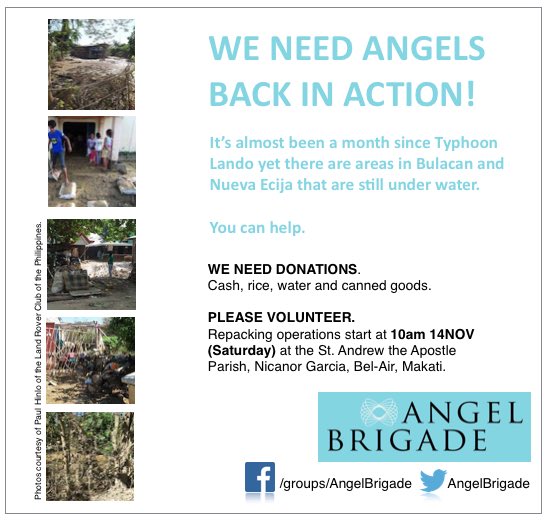 AngelBrigade's tweet photo. Donate, volunteer for victims of #TyphoonLando this Saturday at 10am! https://t.co/7biPweLDvu